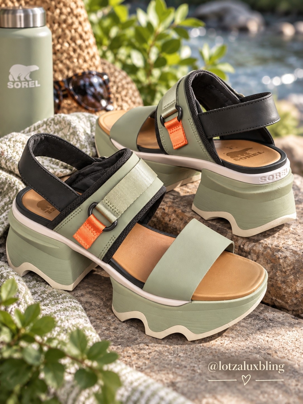 SOREL Kinetic Impact Y Strap Platform Sandals Sage Black Orange Women’s 6.5